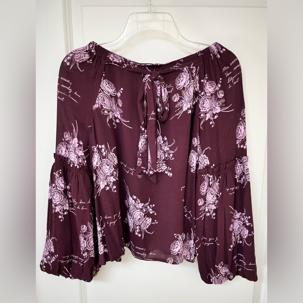 NWT Cinq a Sept Chic Plum Floral Statement Bell Sleeve Tie Back Blouse Top Small
